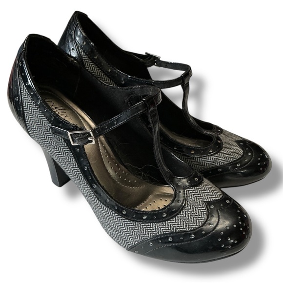Deflex Comfort Black & Grey T-Strap Pinup Style Heels - Picture 1 of 8